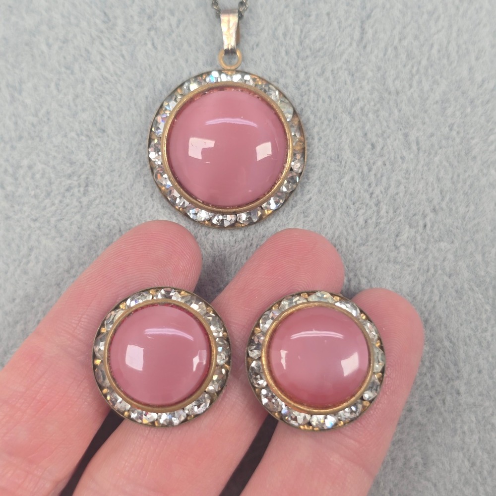 Vintage 1940s Pink Moonglow Rhinestone Chain Necklace & Screw Back Earrings Set